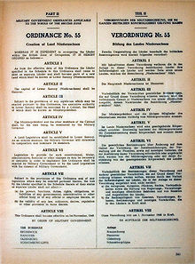 Ordinance No. 55, with which on 22 November 1946 the British military government founded the state Lower Saxony retroactively to 1 November 1946 Niedersachsen Verordnung 55 3339.jpg