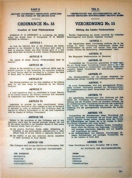 Ordinance No. 55, with which on 22 November 1946 the British military government founded the state Lower Saxony retroactively to 1 November 1946