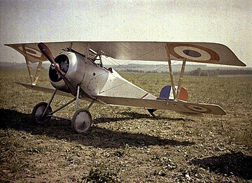 An Autochrome of a World War I Nieuport 23 biplane fighter, circa 1917.