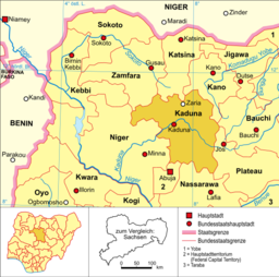 Delstaten Kaduna i Nigeria, med Kaduna och Zaria utmärkta.