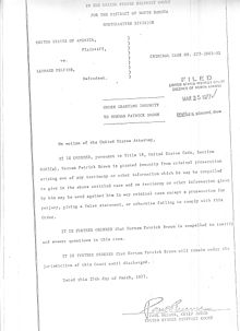 Norman Patrick Brown's immunity from prosecution order in exchange for his testimony in Leonard Peltier's criminal trial Norman Patrick Brown Immunity from prosecution Order-Peltier case 1977.jpg
