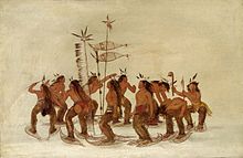 Plains Ojibwa performing a snowshoe dance. Drawing by George Catlin Ojibwa dance.jpg