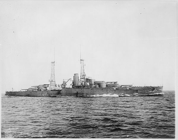 The Nevada class, represented here by Oklahoma in 1916, were the first American battleship class with triple gun turrets, the "all or nothing" armor c