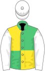 Emerald green and yellow (quartered), white sleeves and cap