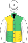 Emerald green and yellow (quartered), white sleeves and cap