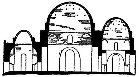 Drawing of the Palace of Sarvestan. The palace measures 130 ft. frontage and 143 ft. deep, with an internal court.