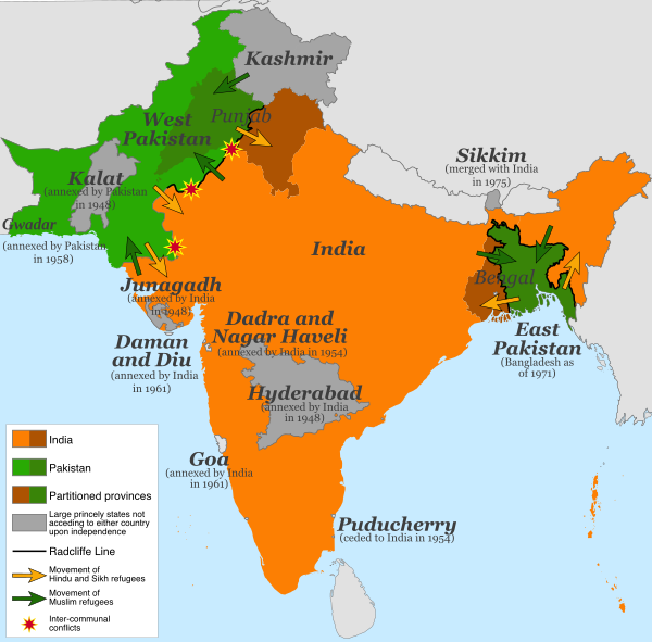 The regions affected by the extended Partition of India: green regions were all part of Pakistan by 1948, and orange part of India. The darker-shaded regions represent the Punjab and Bengal provinces partitioned by the Radcliffe Line. The grey areas represent some of the key princely states that were eventually integrated into India or Pakistan, but others which initially became independent are not shown. Partition of India 1947 en.svg