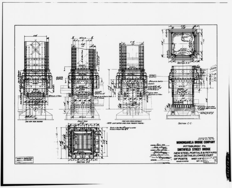 File:Photocopy of original drawing belonging to the Pennsylvania Department of Transportation. DRAWING NO. 2992- NEW STEEL PORTALS AND REPAIRS- SCALE DETAILS LOWER PART OF POSTS (1889 HAER PA,2-PITBU,58-5.tif