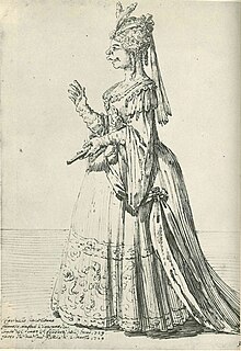 A caricature of Farinelli in a female role, by Pier Leone Ghezzi, 1724 Pier Leone Ghezzi - caricature of Carlo Broschi (Farinelli) as Berenice in Vinci's Farnace, Rome 1724.jpg