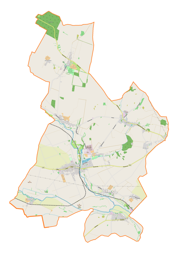 Mapa konturowa gminy Pietrowice Wielkie, na dole po lewej znajduje się punkt z opisem „Kościół świętego Krzyża”