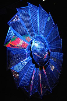 Rotating flower-petal mirror ball, used to reflect spotlights during concerts from 1975 to 1977; displayed at the Pink Floyd: Their Mortal Remains exhibition Pink Floyd Their Mortal Remains - 2017-10-13 - Andy Mabbett - 26.jpg