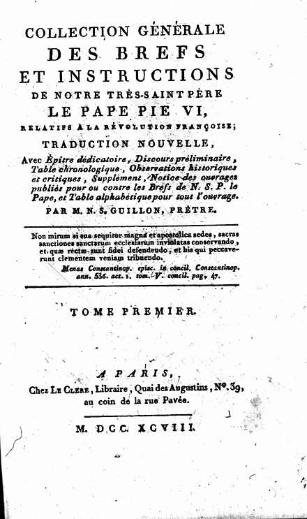 General collection of writs and instructions relating to the French Revolution (Collection generale des brefs et instructions relatifs a la revolution francoise) of Pope Pius VI, 1798