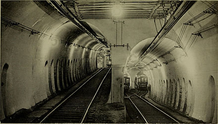 Flying junction on the Tremont Street subway approaching the Pleasant Street incline in Boston