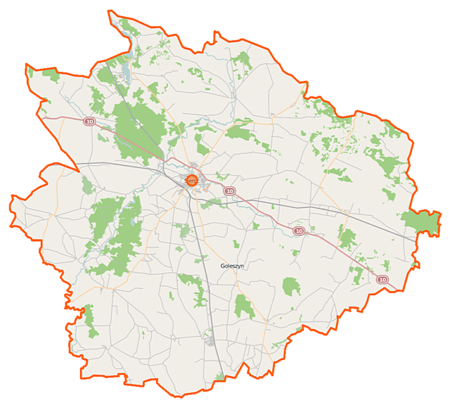 Mapa konturowa powiatu sierpeckiego, w centrum znajduje się punkt z opisem „Kościół Wniebowzięcia Najświętszej Marii Panny w Sierpcu”