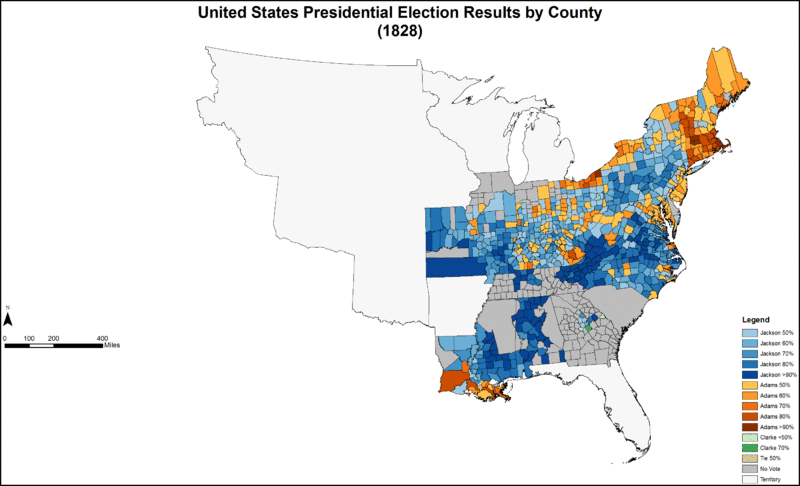 Results by county explicitly indicating the percentage of the winning candidate in each county. Shades of blue are for Jackson (Democrat) and shades of yellow are for Adams (National Republican).