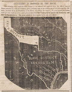 A map published by the Newark Daily Advertiser opposing the annexation of Texas. Proposed Annexation of Texas 1845 Cornell CUL PJM 1051 01.jpg