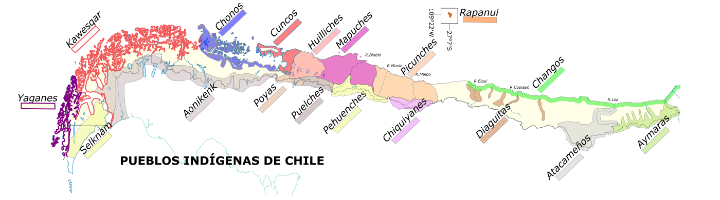 Distribution of the pre-Hispanic people of Chile, north is to the right Pueblos indigenas de Chile.svg