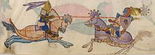 'The Luttrell Psalter', British Library MS 42130, fol. 82r, c. 1325-35. Richard-Saladin legendaerer Kampf vor Jaffa.jpg