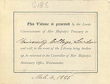Standard presentation label, in this case in a volume donated to University College, London, reserving the right of the Stationery Office to reclaim the volume in the event of the library being broken up Rolls Series label.jpg