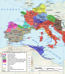 The Western Roman Empire during the reign of Majorian in 460 AD. During his four-year-long reign from 457 to 461, Majorian restored Western Roman authority in Hispania and most of Gaul. Despite his accomplishments, Roman rule in the west would last less than two more decades. Roman Empire under Majorian (460 CE).png