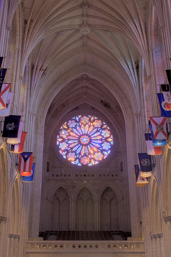 The west rose window was dedicated in 1977 in the presence of both the 39th President, Jimmy Carter, and Queen Elizabeth II (as Supreme Governor of th