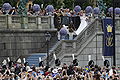 The wedding couple being received by Queen SIlvia, Olle Westling, and Eva Westling. The King, prince Carl Philip, and princess Madeleine in the background