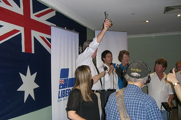 O'Farrell celebrates the 2008 Ryde by-election win with newly elected Liberal member for Ryde Victor Dominello and NSW deputy opposition leader Jillia