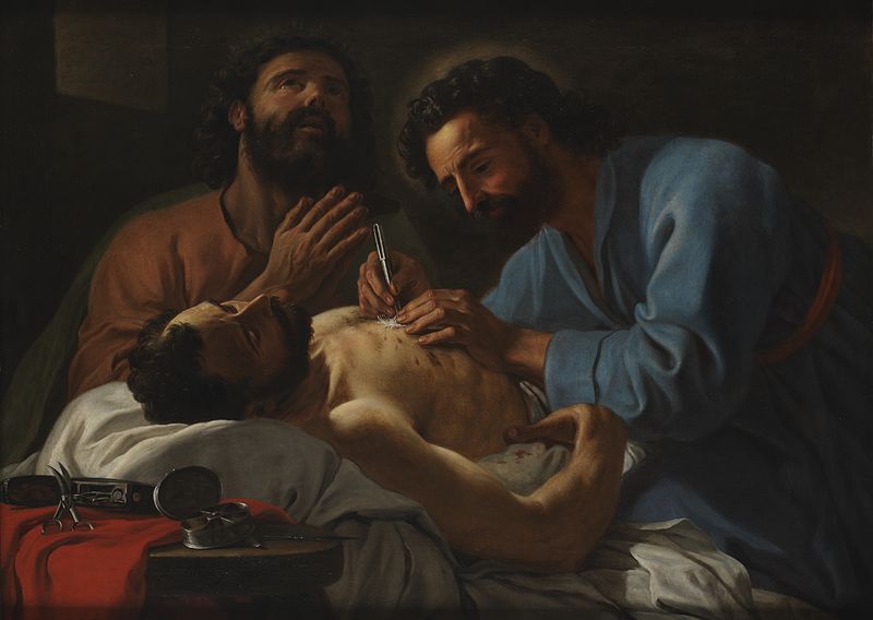 File:SS. Cosmas and Damian dressing a chest wound. Oil painting. Wellcome L0076238.jpg