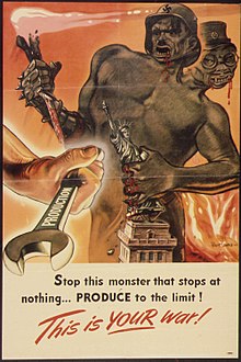 A poster depicting the Axis powers as a two-headed monster with the faces of Hitler and Tojo, attacking the Statue of Liberty STOP THIS MONSTER THAT STOPS AT NOTHING. PRODUCE TO THE LIMIT. THIS IS YOUR WAR. - NARA - 513557.jpg