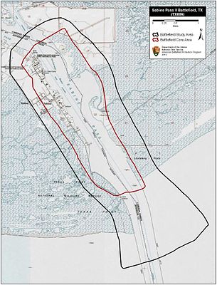 Map of Sabine Pass II Battlefield core and study areas by the American Battlefield Protection Program. Sabine Pass II Battlefield Texas.jpg