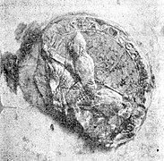 Photographie en noir et blanc d'un sceau représentant un personnage à cheval.