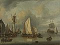 Schepen in de haven bij kalm weer door Jan Claesz. Rietschoof (1652-1719)