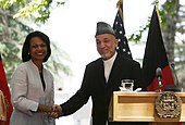 Karzai with U.S. Secretary of State Condoleezza Rice in June 2006. Secretary Rice With Afghan President Hamid Karzai.jpg