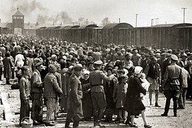 Zsidók érkezése Auschwitz II-be, a németek által megszállt Lengyelországba 1944 májusában.