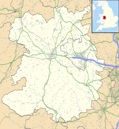 Mapa konturowa Shropshire, u góry nieco na prawo znajduje się punkt z opisem „Longford”