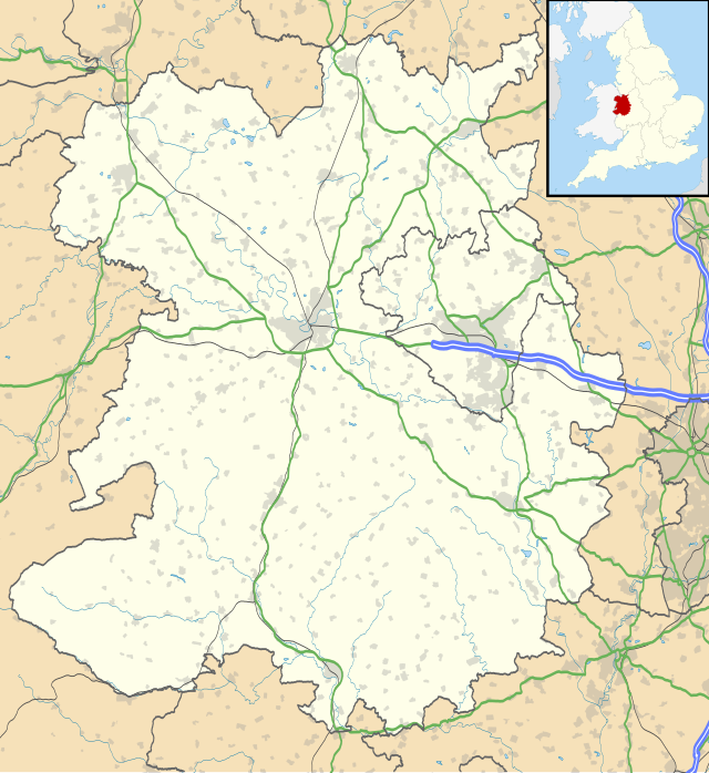 Mapa konturowa Shropshire, u góry po lewej znajduje się punkt z opisem „Oswestry”