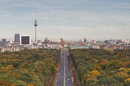 Berlin panorama from the Siegessäule: Reichstag building with cupola (far left), TV Tower and Dome (centre left), Brandenburg Gate (centre)