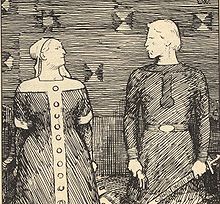 Olaf Tryggvason proposes marriage to Sigrid the Haughty, on condition she convert to Christianity. When Sigrid rejects this, Olaf strikes her with a glove. She warns him that might lead to his death. Sigrid and olaf.jpg