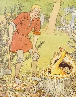 Kuvituskuva metsäisessä ympäristössä, jossa punaiseen tunikaan pukeutunut ja kirvestä pitelevä poika on ihmeissään kumartunut katsomaan vasta kaatamansa onton puun kantoon. Kannosta kurkistaa kultainen hanhi.