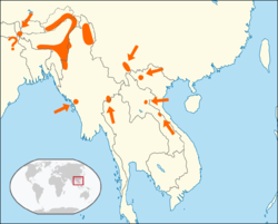 Distribución aproximada en el Sudeste Asiático, por Simon Harrap (1996).[2]​