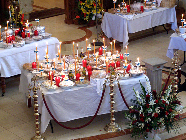 Kollyva offerings of boiled wheat blessed liturgically on Soul Saturday (Psychosabbaton)