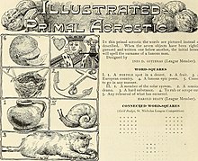 In this 1873 "primal acrostic" the words are pictured instead of described. When the seven objects have been rightly guessed and written one below another, the initial letters will spell the surname of a famous man (Jackson). St. Nicholas (serial) (1873) (14779387861).jpg