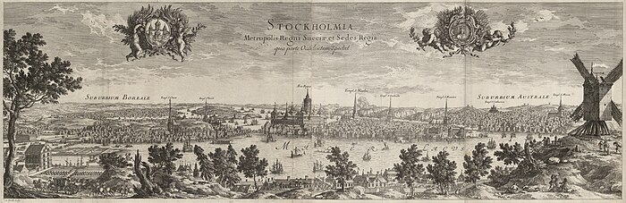 Eric Dahlberghs vy over Stockholm fra Kungsholmen fra 1669 med "Lilla Munkan" til højre.