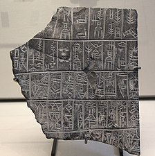 Fragment de plaque en pierre divisée en cases contenant des signes cunéiformes.