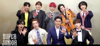 Members of Super Junior in 2021. Clockwise, standing from left: Shindong, Kyuhyun, Yesung, Heechul, Leeteuk, Eunhyuk, Siwon, Donghae, Ryeowook Super Junior 20210317.png