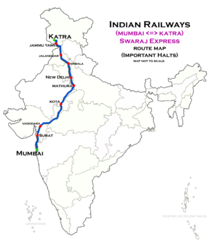Swaraj Express (Mumbai Bandra–Vaishnodevi Katra) peta rute