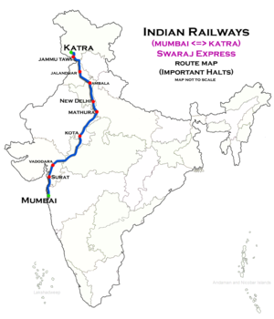 Karta rute Swaraj Express (Mumbai Bandra - Vaishnodevi Katra)