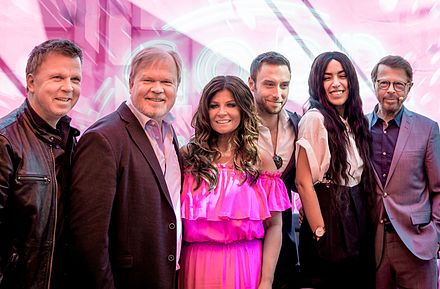 Five Swedish Eurovision winner acts represented in one image.From left: Richard and Per Herrey, Carola Häggkvist, Måns Zelmerlöw, Loreen and ABBA's Björn Ulvaeus.