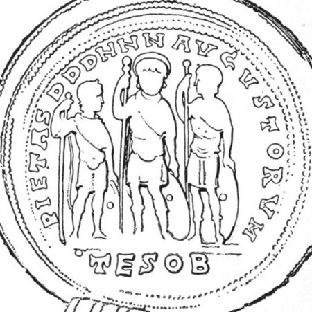 Detail of drawing of obverse of medal of Valens showing the three reigning emperors: Valens (C), Gratian (R), and Valentinian II (L) and marked: pieta