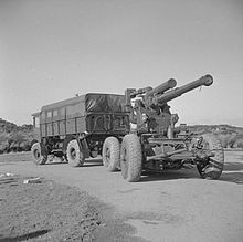 AEC Matador artillery tractor towing a 3.7-inch anti-aircraft gun at Burrow Head in Scotland, 18 February 1944. The British Army in the United Kingdom 1939-45 H36058.jpg